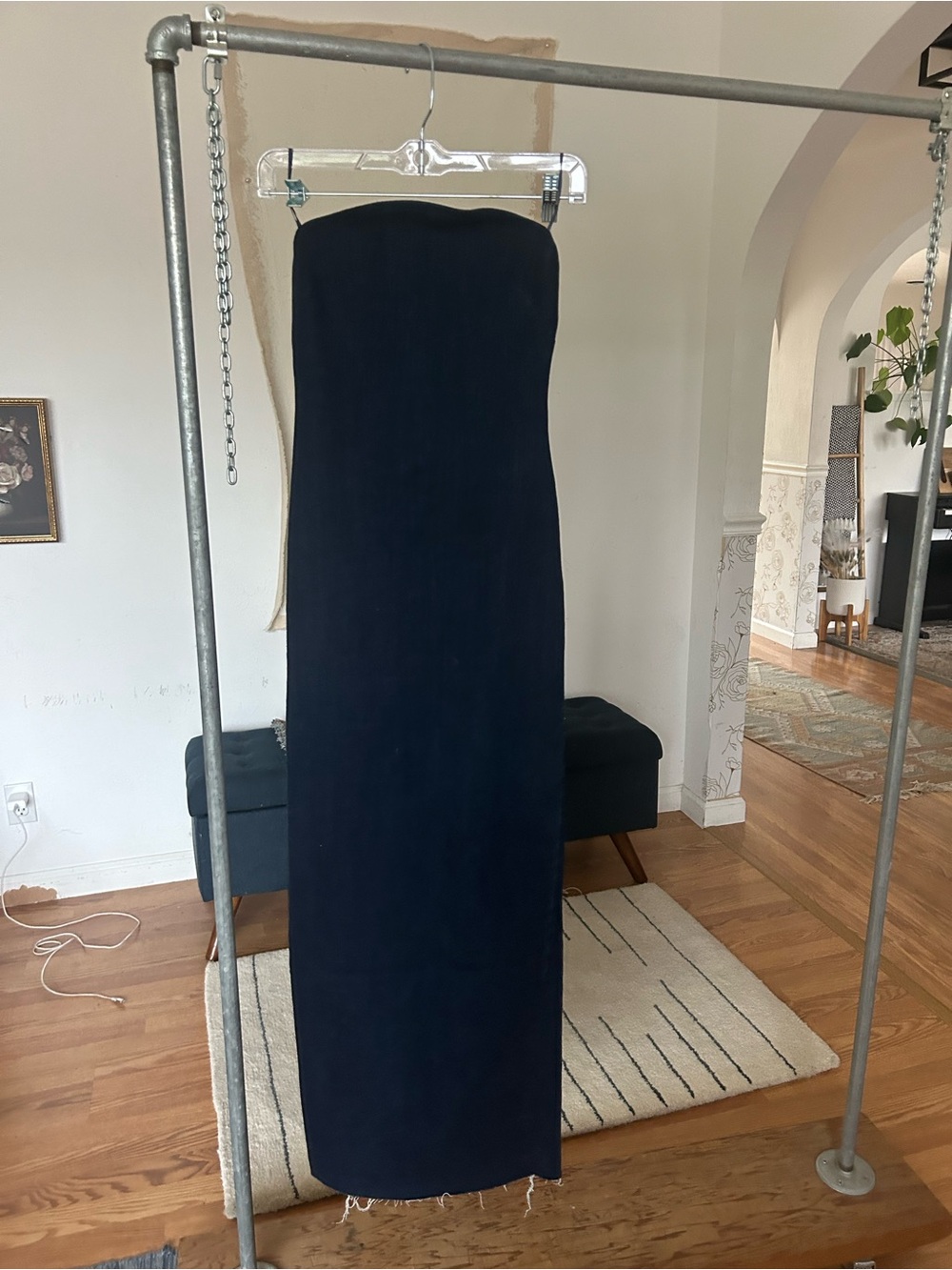 Zara VIRAL jean long slit Strapless Navy Blue Maxi denim Dress EUC